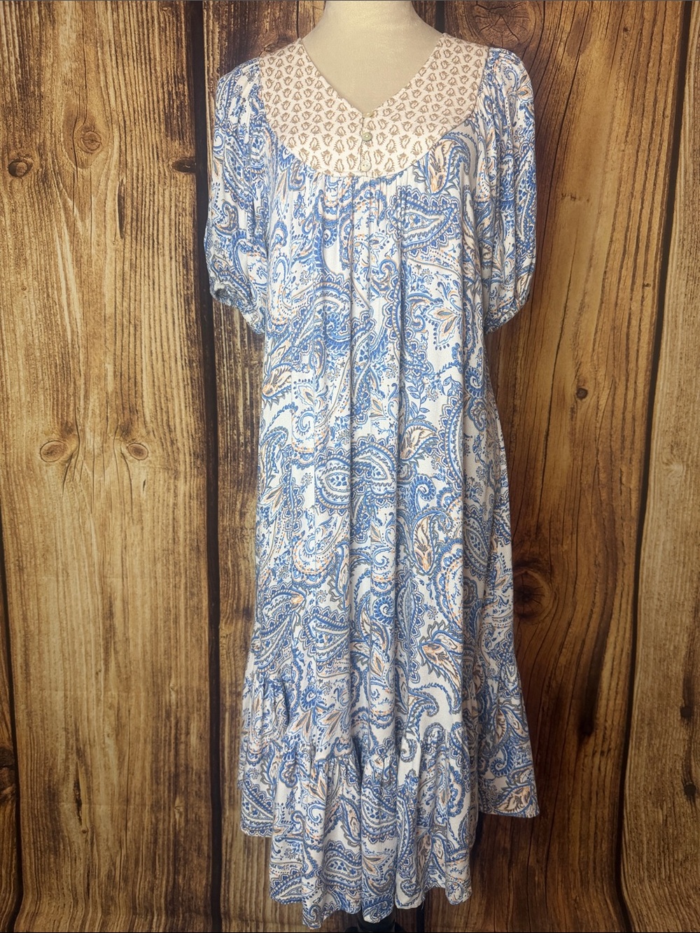 Lucky Brand Blue Paisley Midi Dress with Cream Yoke